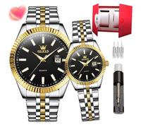 OLEVS Couple Watch Valentine's Day Gift His and Her Watch Waterproof Stainless Steel Night Light Calendar Quartz Watch (5593-Gold Black Watch Band)