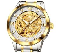 OLEVS Dragon Skeleton Mens Automatic Watch 42MM Large Dial Gold Luxury Self-Winding Diamond Waterproof Stainless Steel Business Tourbillon Mechanical Watches, silver-gold, Business