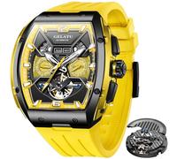 OLEVS GELATU Mens Watch Automatic Tourbillon Wristwatch Skeleton Mechanical Self Winding 50M Waterproof Sapphire Crystal Square Male Watches Yellow/White/Black/Green, 6013-yello black, 6013-yello