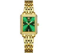OLEVS Gold Women's Watch, Rectangular Stainless Steel Analogue Quartz Women's Watch, Classic Luxury Dress Diamond with Date Wrist Watch Ladies, A2 green dial/gold strap, Standard, Bracelet