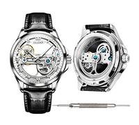 OLEVS Leather Automatic Watches for Young Men Watch Fashion Brand self Winding Watches for Men, Black-white,