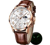 OLEVS Leather Watches for Men Dress Chronograph Analog Quartz Moon Phase Mens Luminous Waterproof Male Wrist Watches, Brown Leather & Rose Gold White, Business Dress
