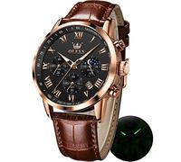 OLEVS Leather Watches for Men Dress Chronograph Analog Quartz Moon Phase Mens Luminous Waterproof Male Wrist Watches, Brown Leather & Rose Gold Black, Business Dress