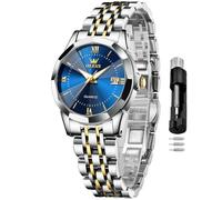 OLEVS Luxury Diamond Small Female Watches - Stainless Steel Bracelet, Waterproof Business Dress Analog Luminous Date Ladies Watches, Women blue watch 89, women watch