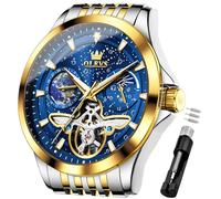 OLEVS Mechanical Men Watch Chronograph Diamond Tourbillon Date Moon Phase Adjustable Bracelet Gift Multi-Function Blue/Black/Gold/Silver Face Watch for Men, G6705: Two tone strap & blue dial, Luxury