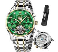 OLEVS Mechanical Watch Men's,Classic Silver Watches for Men, Waterproof Stainless Steel Roman Numbers Men's Watch Easy to Read, Two Tone Green Dial, ROUND, luxury Tourbillon watch