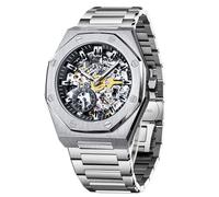 OLEVS Men Automatic Skeleton Mechanical Watch Stainless Steel Luxury Classic Business Waterproof Luminous Wristwatch, Black&silver-6669