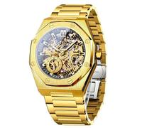 OLEVS Men Automatic Skeleton Mechanical Watch Stainless Steel Luxury Classic Business Waterproof Luminous Wristwatch, Gold-6669