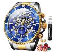 OLEVS Men Automatic Watch Diamond Skeleton Mechanical Luxury Self Winding Moon Phase Calendar Waterproof Wrist Watch for Men, G6715: Two Tone Band & Blue dial, Luxury Business Casual Classic Party
