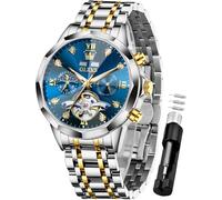 OLEVS Men Automatic Watch Diamond Skeleton Mechanical Luxury Self Winding Moon Phase Calendar Waterproof Wrist Watch for Men, G6621: Two tone band & Blue dial, Luxury Present Gift Business Casual