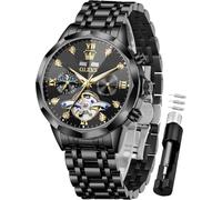 OLEVS Men Automatic Watch Diamond Skeleton Mechanical Luxury Self Winding Moon Phase Calendar Waterproof Wrist Watch for Men, G6621: Black band & Black dial, Luxury Present Gift Business Casual