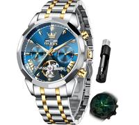 OLEVS Men Automatic Watch Diamond Skeleton Mechanical Luxury Self Winding Moon Phase Calendar Waterproof Wrist Watch for Men, G6619: Two tone band & Blue dial, Luxury Business Casual Classic Party