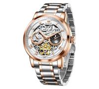 OLEVS Men Automatic Watch Diamond Skeleton Mechanical Luxury Self Winding Moon Phase Calendar Waterproof Wrist Watch for Men, G6670: Two Tone Band & White dial, Luxury Present Gift Business Casual