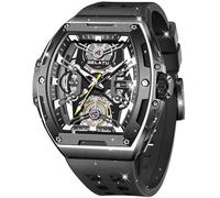 OLEVS Men Automatic Watch Diamond Skeleton Mechanical Original Luxury Self Winding Moon Phase Calendar Waterproof Wrist Watch for Men, G6012: Black band & Black dial, Luxury Present Gift Business