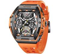 OLEVS Men Automatic Watch Diamond Skeleton Mechanical Original Luxury Self Winding Moon Phase Calendar Waterproof Wrist Watch for Men, G6012: Orange band & Black dial, Luxury Present Gift Business