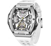 OLEVS Men Automatic Watch Diamond Skeleton Mechanical Original Luxury Self Winding Moon Phase Calendar Waterproof Wrist Watch for Men, G6012: White band & White dial, Luxury Present Gift Business