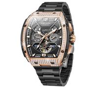 OLEVS Men Automatic Watch Diamond Skeleton Mechanical Original Luxury Self Winding Moon Phase Calendar Waterproof Wrist Watch for Men, G6016: Black band & Black dial, Luxury Present Gift Business