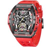 OLEVS Men Automatic Watch Diamond Skeleton Mechanical Original Luxury Self Winding Moon Phase Calendar Waterproof Wrist Watch for Men, G6012: Red band & Black dial, Luxury Present Gift Business Casual