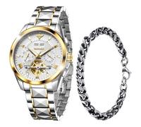 OLEVS Men Automatic Watch Diamond Skeleton Mechanical Original Luxury Self Winding Wrist Watch for Men, Two tone band + White dial, Luxury Present Gift Business Casual Classic Party