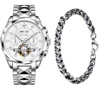 OLEVS Men Automatic Watch Diamond Skeleton Mechanical Original Luxury Self Winding Wrist Watch for Men, Silver band & White dial, Luxury Present Gift Business Casual Classic Party