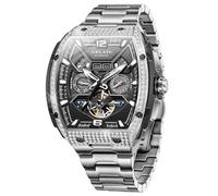 OLEVS Men Automatic Watch Diamond Skeleton Mechanical Original Luxury Self Winding Wrist Watch for Men, Silver band & Black dial, Luxury Present Gift Business Casual Classic Party
