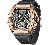 OLEVS Men Automatic Watch Diamond Skeleton Mechanical Original Luxury Self Winding Wrist Watch for Men, Rose Gold band & Black dial, Luxury Present Gift Business Casual Classic Party