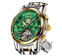 OLEVS Men Automatic Watch Skeleton 5 Hands Mechanical Green Watch Classic Luxury Multi Calendar Stainless Steel Waterproof Wrist Watch for Men