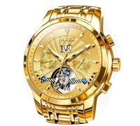 OLEVS Men Automatic Watch Stainless Steel Skeleton Mechanical Date Calendar Luxury Classic Business Waterproof Luminous Wrist Watches, Gold, timer
