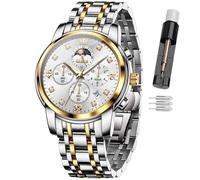 OLEVS Men Multifunction Watch, Multi Dial Waterproof Luminous Chronograph Men's Watch with Date for Men,Stainless Steel Watches for Men,Moon phase luxury watches (3652-Two tone strap with white dial)