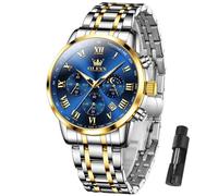 OLEVS Men Multifunction Watch, Multi Dial Waterproof Luminous Chronograph Men's Watch with Date Gift for Men,Stainless Steel Watches for Men,Classic Men Wrist Watch, gold sliver band blue face-5529G