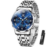 OLEVS Men Multifunction Watch, Multi Dial Waterproof Luminous Chronograph Men's Watch with Date Gift for Men,Stainless Steel Watches for Men,Classic Men Wrist Watch, sliver band blue face-5529G, ROUND