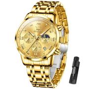 OLEVS Men Multifunction Watch, Multi Dial Waterproof Luminous Chronograph Men's Watch with Date Gift for Men,Stainless Steel Watches for Men,Classic Men Wrist Watch, Gold Band Gold Face-5529G, ROUND