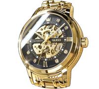 OLEVS Men’s Gold Skeleton Watch Automatic Mechanical self Winding Luxury Dress Stainless Steel Waterproof Luminous Wrist Watches, Gold strap&black dial