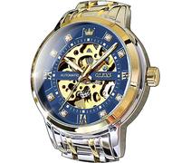 OLEVS Men’s Gold Skeleton Watch Automatic Mechanical self Winding Luxury Dress Stainless Steel Waterproof Luminous Wrist Watches, Gold and silver strap&blue dial, Dress