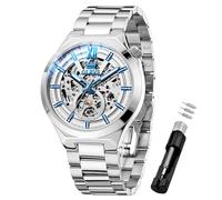 OLEVS Men’s Mechanical Watches Automatic Winding Skeleton Analog Dial Dress Business Stainless Steel Waterproof Luminous Wrist Watches for Men Genuine Gold/Black/Blue, 6722:silver strap&blue dial