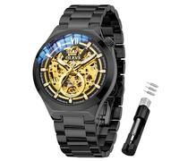OLEVS Men’s Mechanical Watches Automatic Winding Skeleton Analog Dial Dress Business Stainless Steel Waterproof Luminous Wrist Watches for Men Genuine Gold/Black/Blue, 6722:black strap&black dial