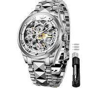OLEVS Men Skeleton Watch Automatic Mechanical Self Winding Sapphire Crystal Luxury Dress Tungsten Steel White Face Waterproof Two Tone Strap