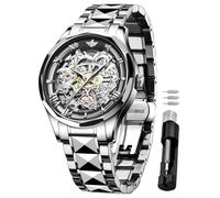 OLEVS Men Skeleton Watch Automatic Mechanical Self Winding Sapphire Crystal Luxury Dress Tungsten Steel Black Face Waterproof Two Tone Strap