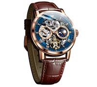 OLEVS Men Skeleton Watch Automatic Winding Moon Phase Dress Luxury Leather Strap Waterproof Luminous Men Wrist Watch, Brown Blue, Modern