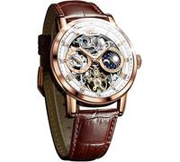 OLEVS Men Skeleton Watch Automatic Winding Moon Phase Dress Luxury Leather Strap Waterproof Luminous Men Wrist Watch, Brown White