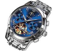 OLEVS Men Watch Automatic Mechanical Skeleton Moon Phase Dress Business Stainless Steel 3AT Waterproof Luminous Men Wrist Watch, Silver Blue, Mechanical,Self-winding