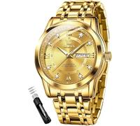 OLEVS Men Watch Blue Gold Analog Quartz Stainless Steel Waterproof Luminous Date Luxury Casual Watch, GOLD 5513, Modern