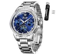 OLEVS Men Watch Luxury Automatic Self Winding Diamond Stainless Steel Multi-Function Calendar Watch Waterproof Luminous, Blue, Modern