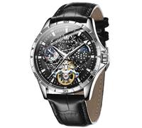 OLEVS Men's Automatic Mechanical Leather Watch with Diamond Tourbillon Self Winding Moon Phase Waterproof Luminous, 6689: Black Strap and Black Dial, Luxury: