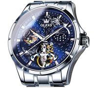 OLEVS Men's Automatic Mechanical Skeleton Watch Luxury Dress Blue Dial Waterproof Self Winding Moon Phase Stainless Steel Luminous Tourbillon Wrist Watches for Men, Silver, Mechanical,Skeleton Watch