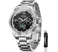 OLEVS Mens Automatic Watch 42MM Diamond Large Dial with Multi-Function Perpetual Calendar Tourbillon Mechanical Winding Watch Stainless Steel 30M Waterproof Luminous Watches Gift, 6695:Silver-Black,