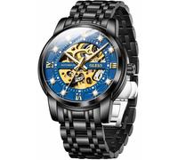 OLEVS Mens Automatic Watch Skeleton Diamond Luxury Mechanical Self Winding Dress Wrist Watch Waterproof Luminous, G9901: Black band & Blue dial, Luxury