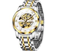 OLEVS Mens Automatic Watch Skeleton Diamond Luxury Mechanical Self Winding Dress Wrist Watch Waterproof Luminous, G9901: Two tone band & White dial