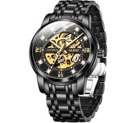 OLEVS Mens Automatic Watch Skeleton Diamond Luxury Mechanical Self Winding Dress Wrist Watch Waterproof Luminous, G9901: Black band & Black dial, Dress