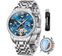 OLEVS Mens Automatic Watches Blue Starry Sky Skeleton Tourbillon Self Winding Mechanical Luminous Luxury Dress Wrist Watch Gifts, G6712: Silver band & Blue dial
